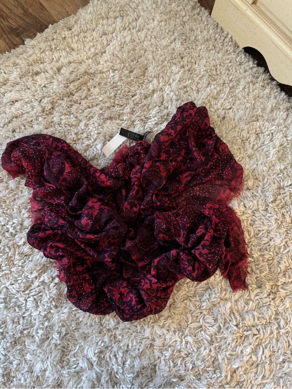 White House Black Market Burgundy and Black Patterned Ruffled Scarf